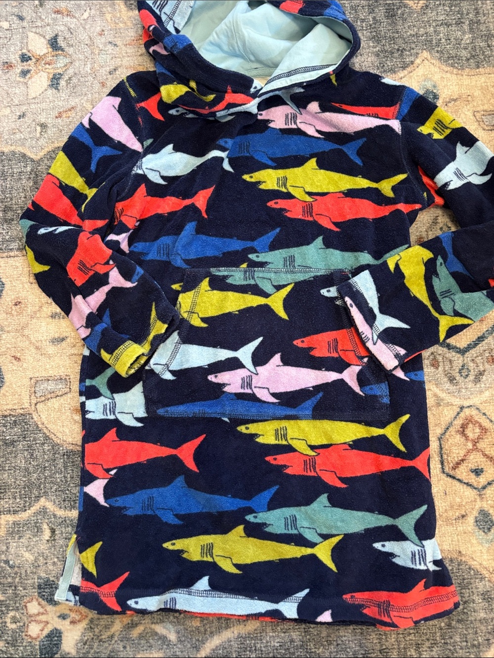 Mini Boden Navy Hooded Pullover with Multicolor Shark Print, size 8/9